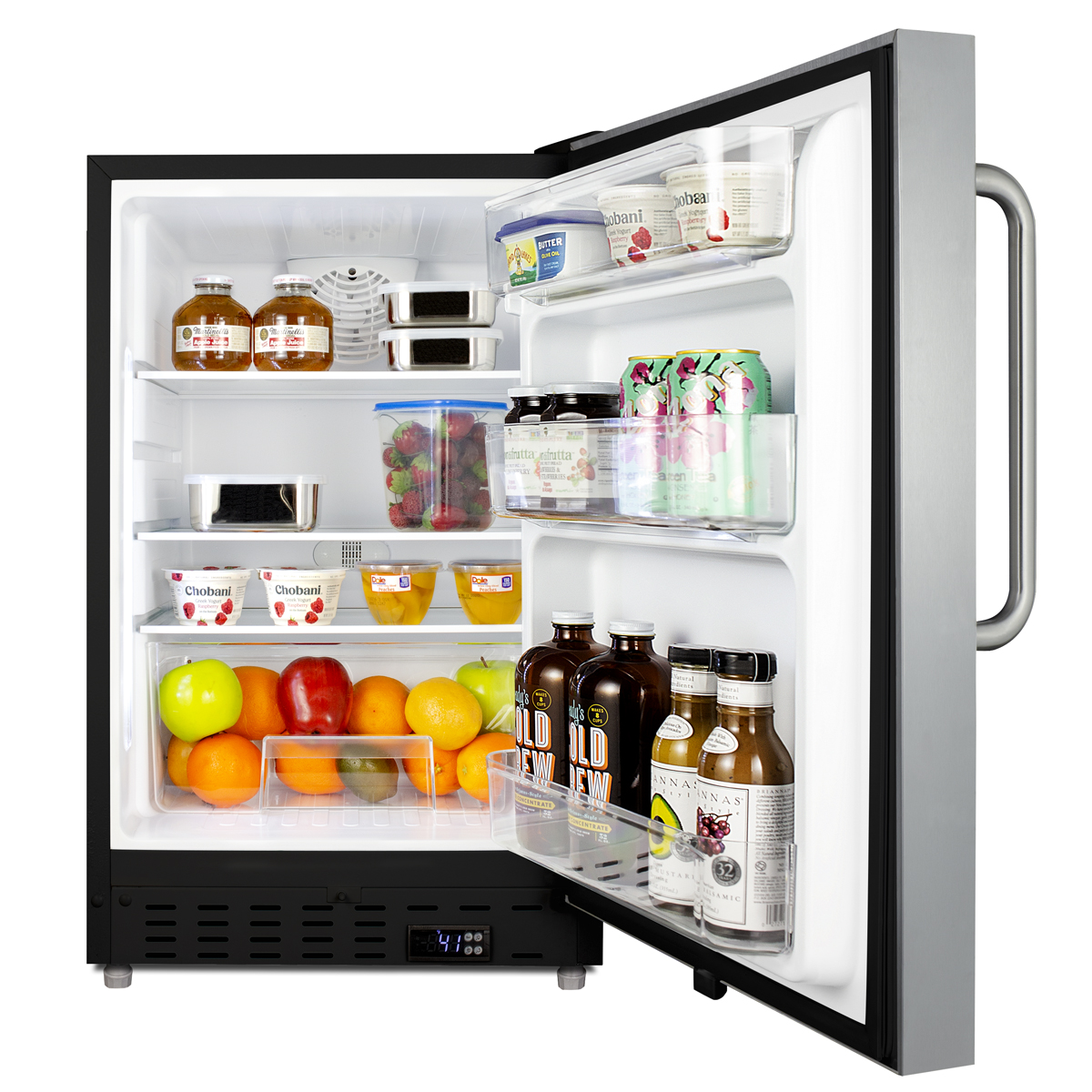 Built-in undercounter ADA compliant residential all-refrigerator with SS cabinet and door, towel bar handle, with door storage and automatic defrost operation